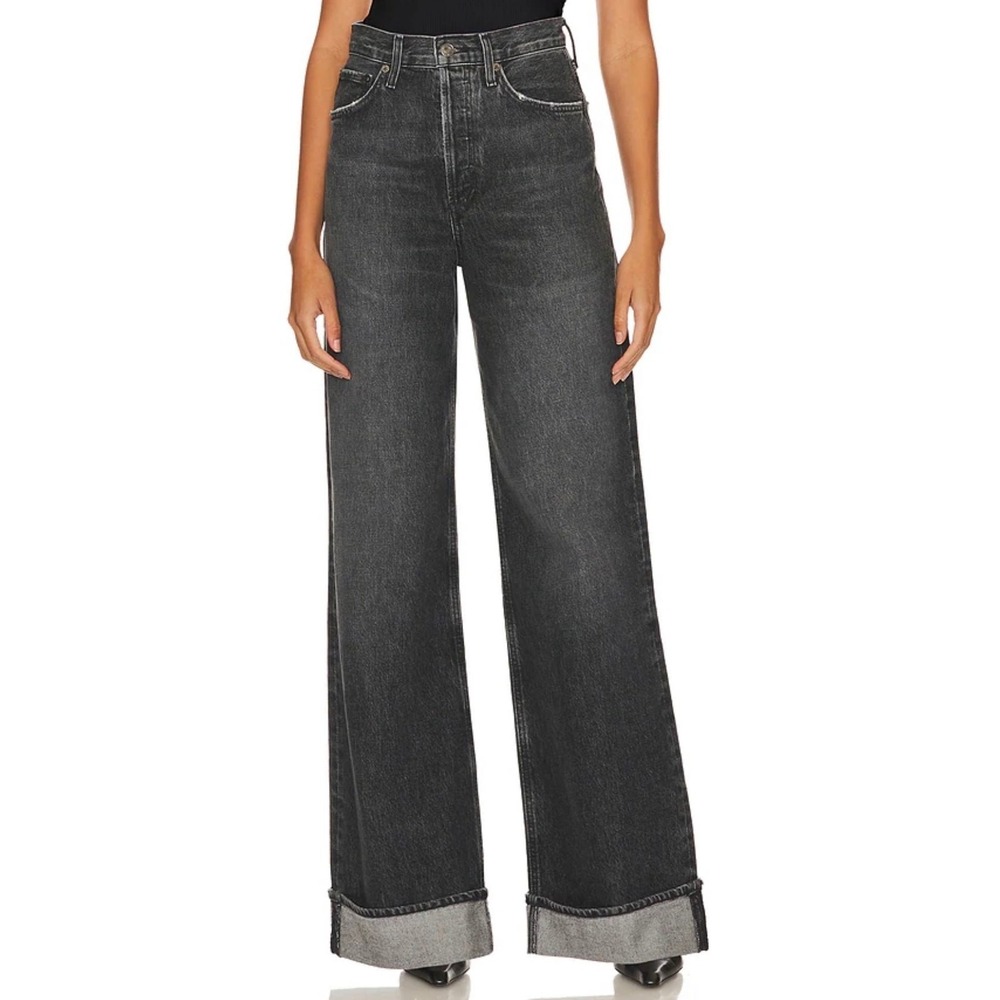 AGOLDE Dame High Rise Wide Leg Jeans Size 24 Ditch Faded Black Cuffed